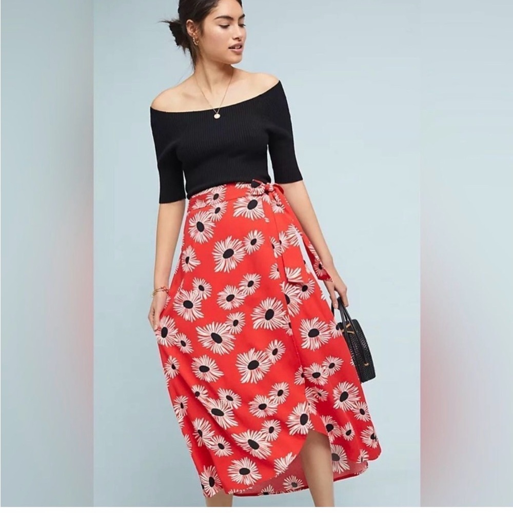 Floral Red Midi Skirt with Side Tie